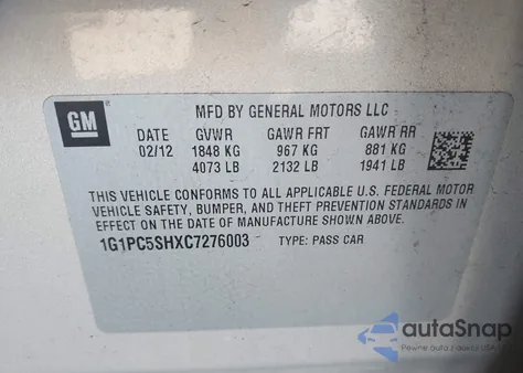 2012 Chevrolet Cruze Ls z USA, uszkodzony, nr VIN 1G1PC5SHXC7276003